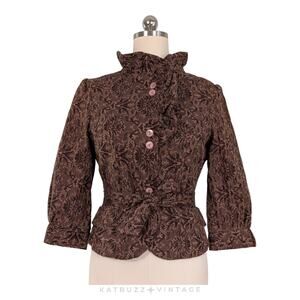 Vintage Floral Blazer Jacket L Brown Whimsigoth Witchy Steampunk Brocade Ruffle